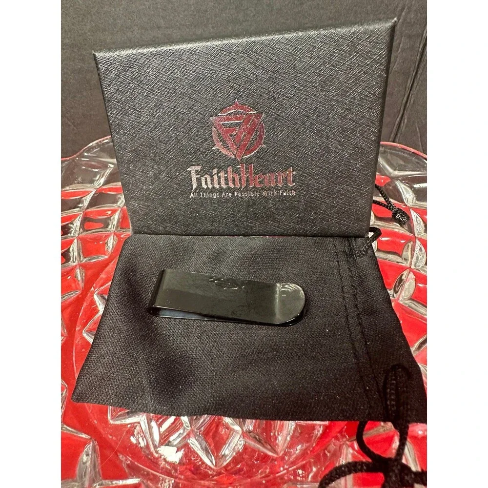 FaithHeart Sleek Black Stainless Steel Minimalist Money Clip Slim Wallet & Box